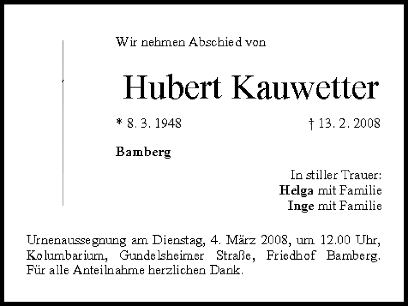  Traueranzeige für Hubert Kauwetter vom 01.03.2008 aus MGO