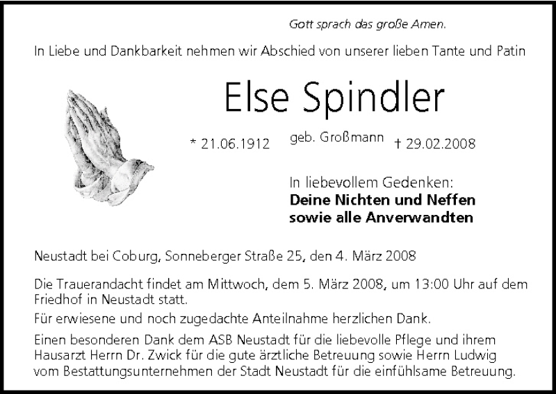  Traueranzeige für Else Spindler vom 04.03.2008 aus MGO