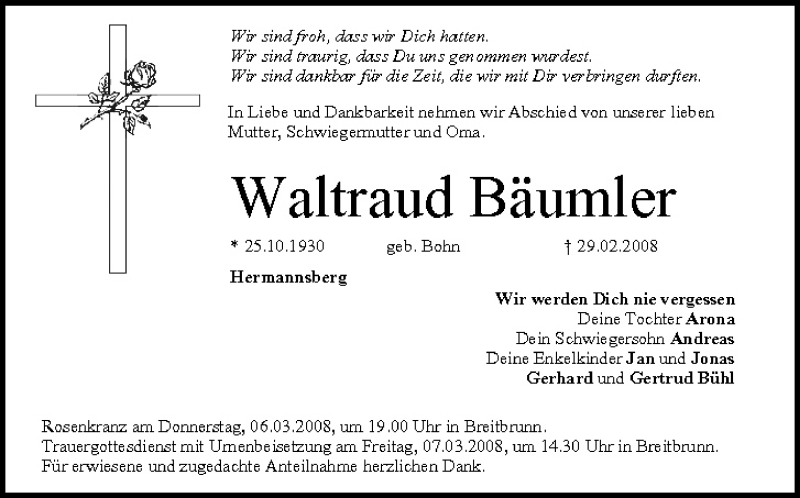  Traueranzeige für Waltraud Bäumler vom 05.03.2008 aus MGO