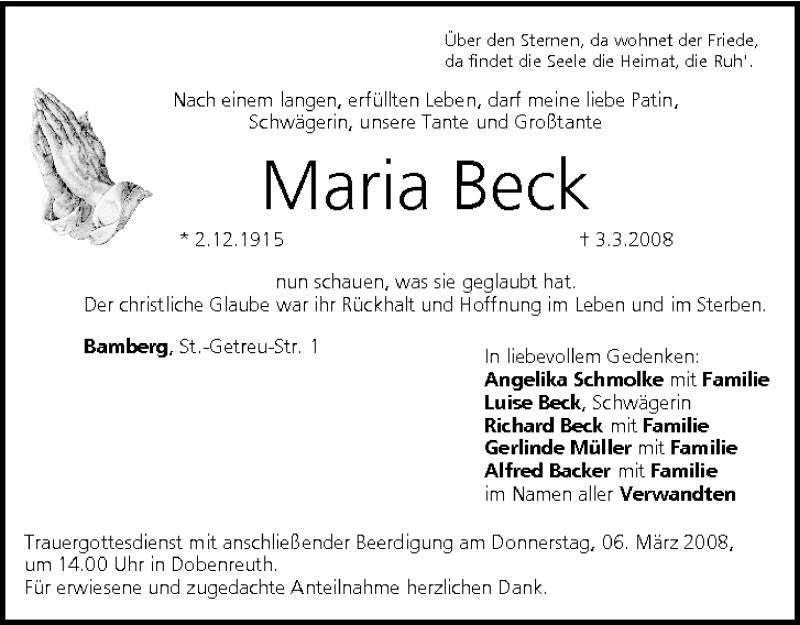  Traueranzeige für Maria Beck vom 05.03.2008 aus MGO
