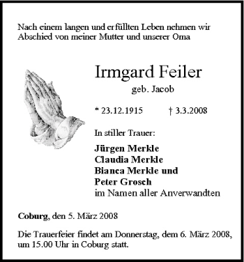 Anzeige von Irmgard Feiler von MGO