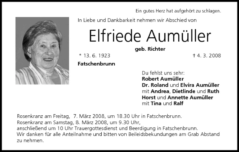  Traueranzeige für Elfriede Aumüller vom 06.03.2008 aus MGO