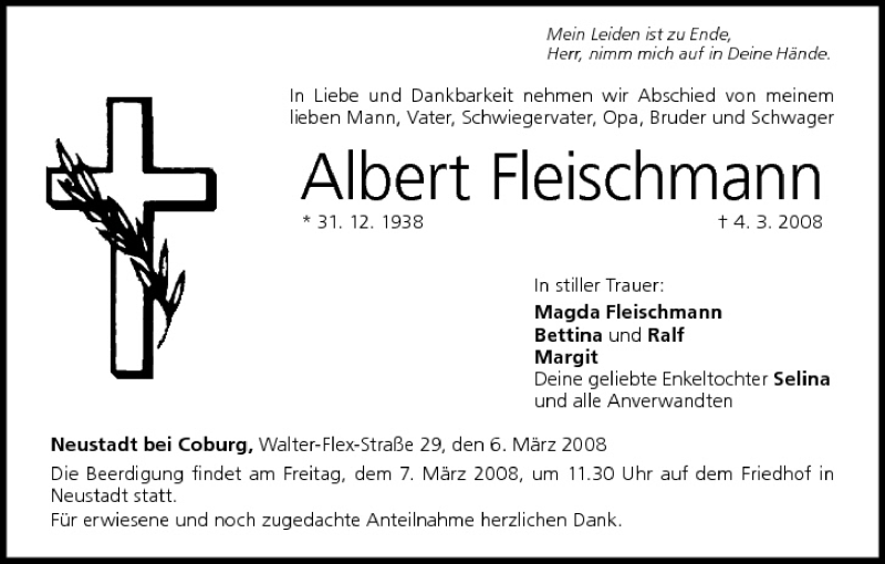  Traueranzeige für Albert Fleischmann vom 06.03.2008 aus MGO