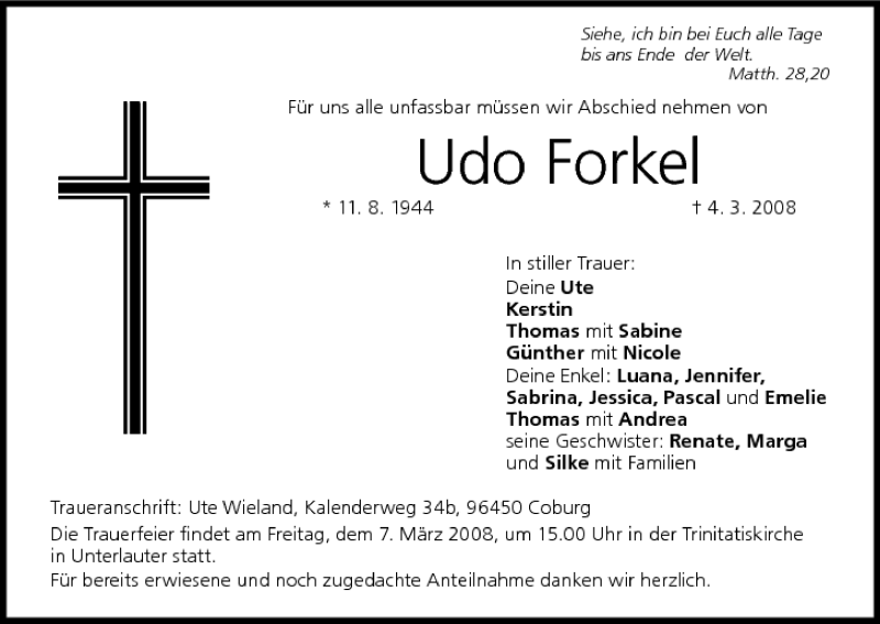  Traueranzeige für Udo Forkel vom 06.03.2008 aus MGO