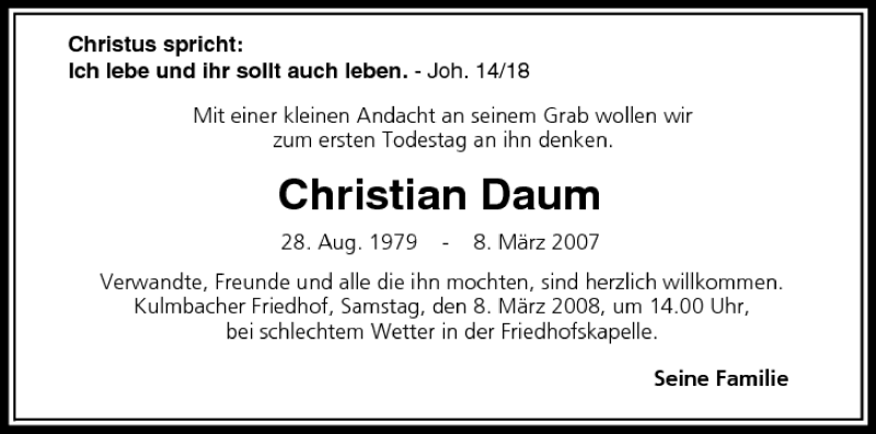  Traueranzeige für Christian Daum vom 07.03.2008 aus MGO