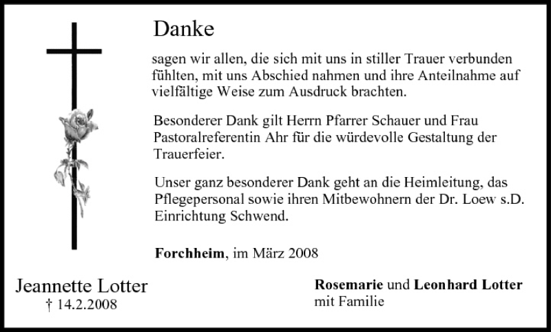  Traueranzeige für Jeannette Lotter vom 08.03.2008 aus MGO