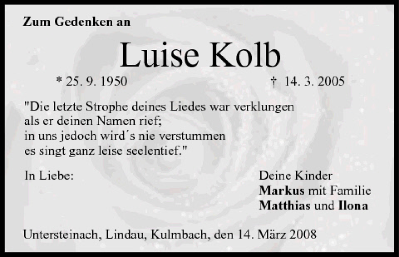  Traueranzeige für Luise Kolb vom 14.03.2008 aus MGO