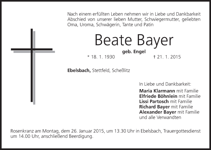  Traueranzeige für Beate Bayer vom 24.01.2015 aus MGO