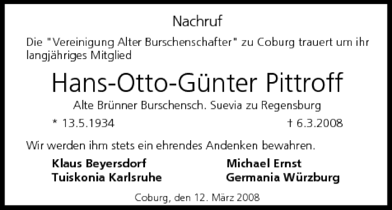  Traueranzeige für Hans-Otto-Günter Pittrof vom 12.03.2008 aus MGO