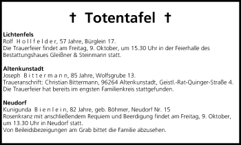 Anzeige von Totentafel vom 09.10.2015 von MGO