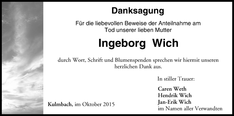  Traueranzeige für Ingeborg Wich vom 10.10.2015 aus MGO