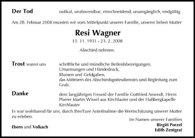  Traueranzeige für Resi Wagner vom 18.03.2008 aus MGO