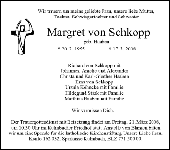 Anzeige von Margret von Schkopp von MGO
