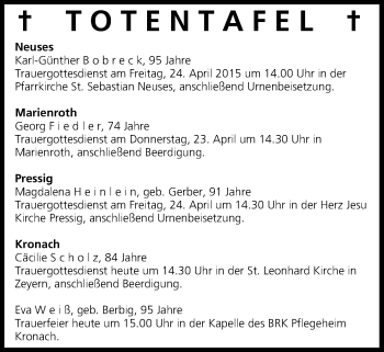 Anzeige von Totentafel vom 22.04.2015 von MGO