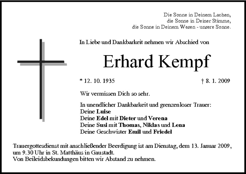  Traueranzeige für Erhard Kempf vom 10.01.2009 aus MGO