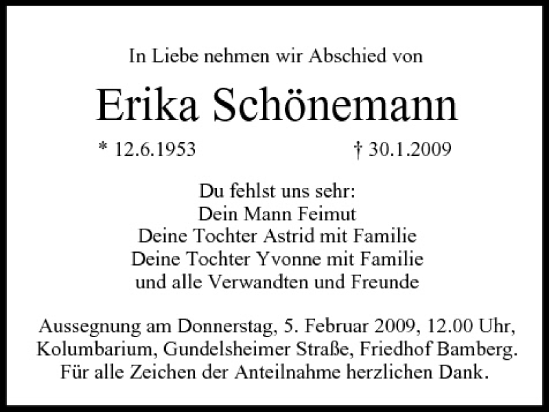  Traueranzeige für Erika Schönemann vom 04.02.2009 aus MGO