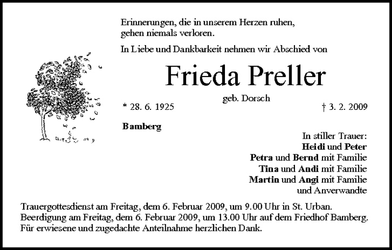  Traueranzeige für Frieda Preller vom 05.02.2009 aus MGO
