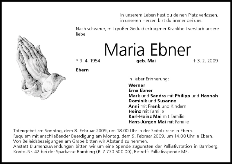  Traueranzeige für Maria Ebner vom 06.02.2009 aus MGO