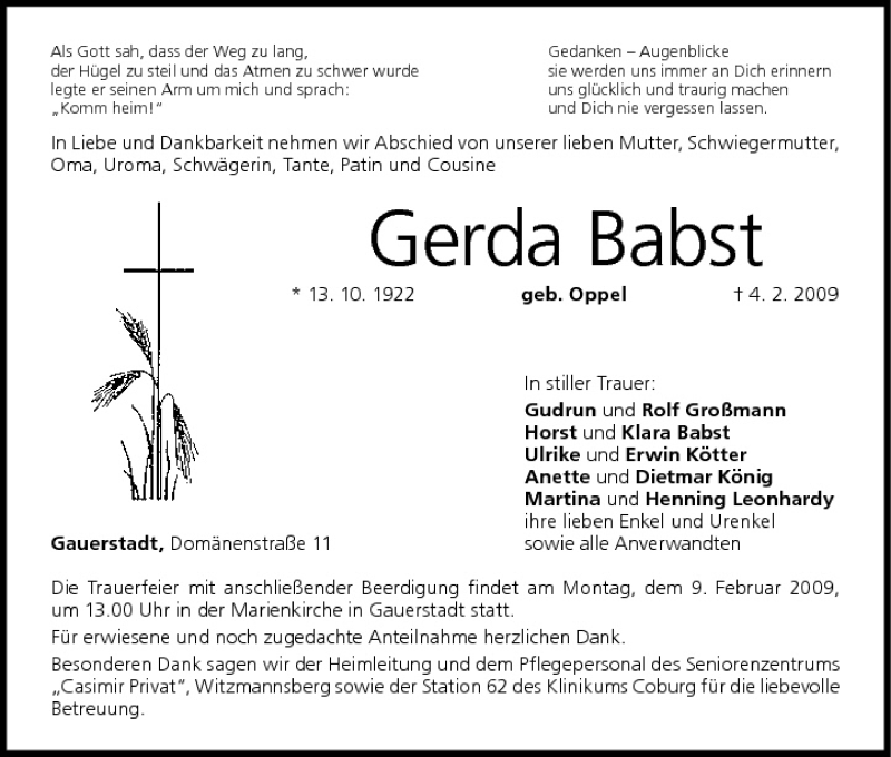  Traueranzeige für Gerda Babst vom 06.02.2009 aus MGO