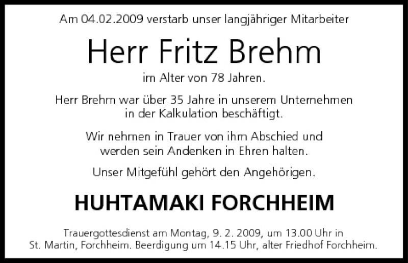  Traueranzeige für Fritz Brehm vom 06.02.2009 aus MGO