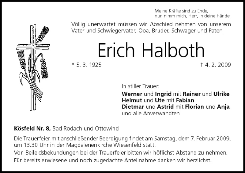  Traueranzeige für Erich Halboth vom 06.02.2009 aus MGO