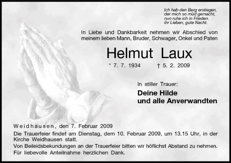  Traueranzeige für Helmut Laux vom 07.02.2009 aus MGO