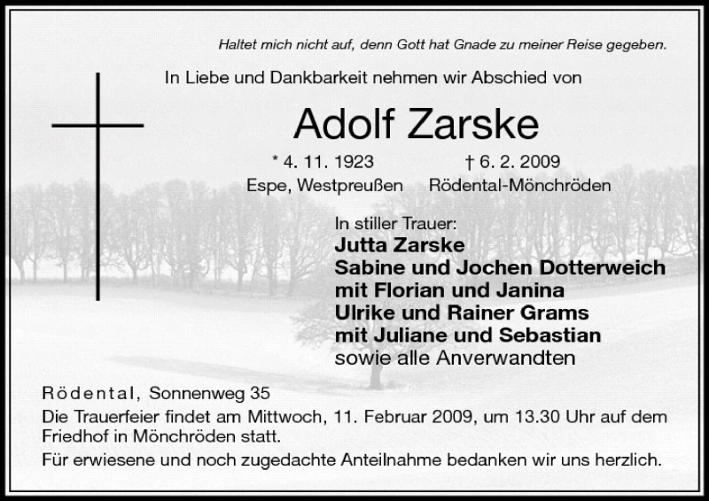  Traueranzeige für Adolf Zarske vom 09.02.2009 aus MGO