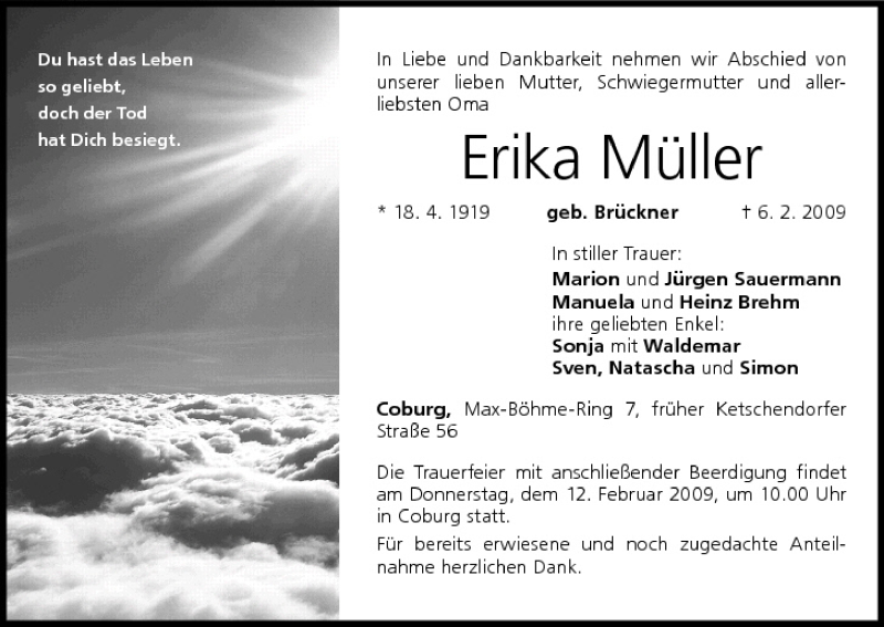  Traueranzeige für Erika Müller vom 09.02.2009 aus MGO