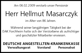 Anzeige von Hellmut Masarczyk von MGO