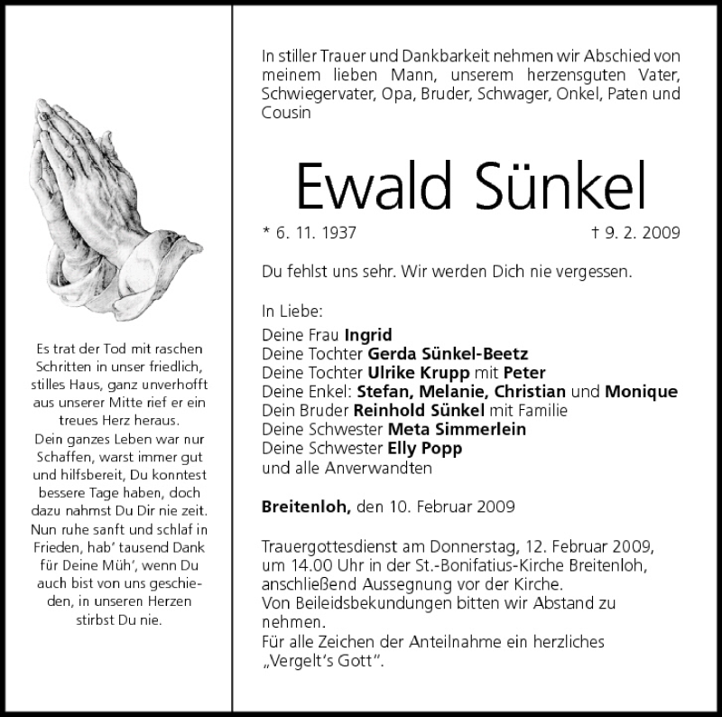  Traueranzeige für Ewald Sünkel vom 10.02.2009 aus MGO