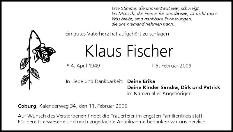  Traueranzeige für Klaus Fischer vom 11.02.2009 aus MGO