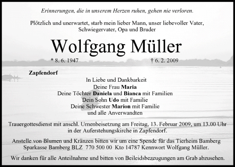  Traueranzeige für Wolfgang Müller vom 11.02.2009 aus MGO