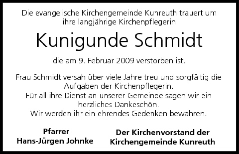  Traueranzeige für Kunigunde Schmidt vom 11.02.2009 aus MGO