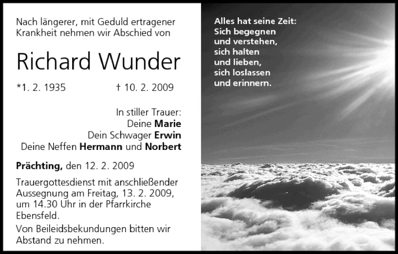 Traueranzeige für Richard Wunder vom 12.02.2009 aus MGO