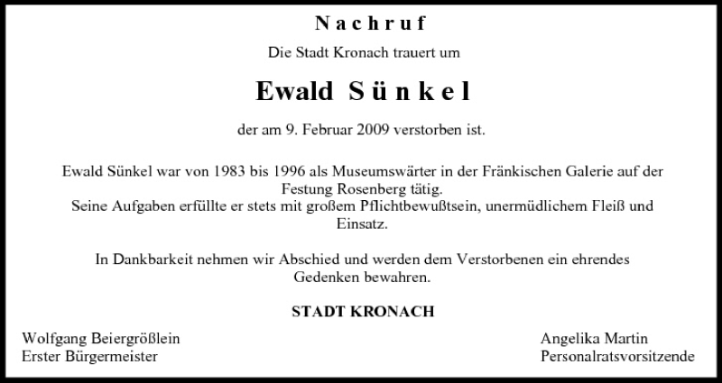  Traueranzeige für Ewald Sünkel vom 12.02.2009 aus MGO
