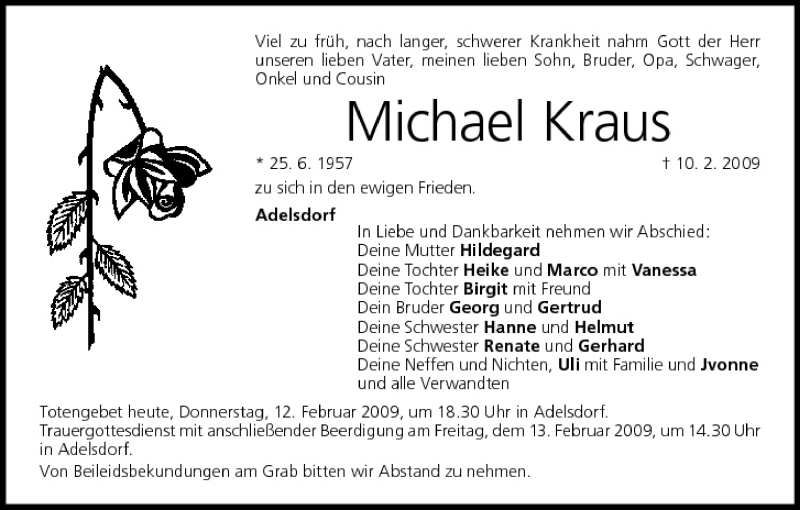  Traueranzeige für Michael Kraus vom 12.02.2009 aus MGO