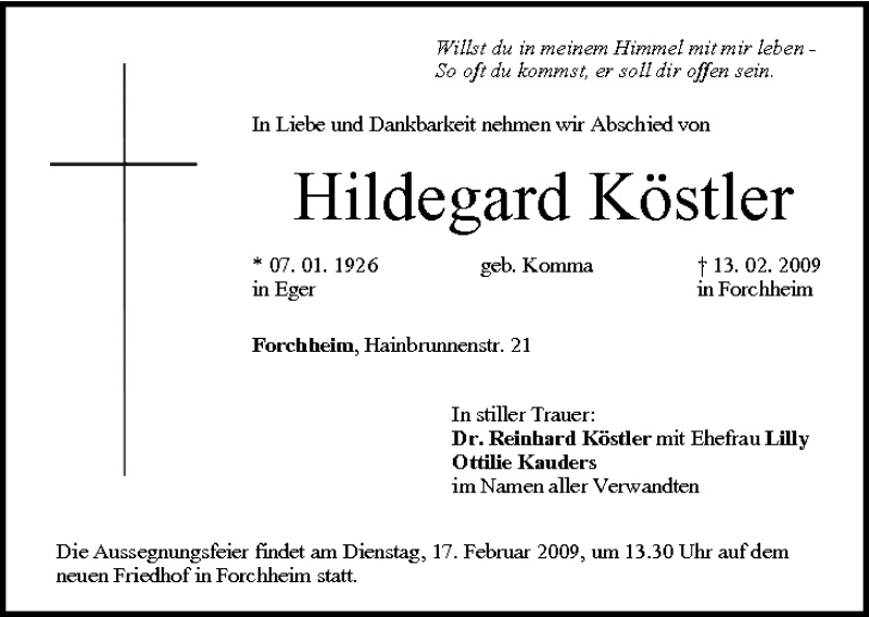  Traueranzeige für Hildegard Köstler vom 14.02.2009 aus MGO