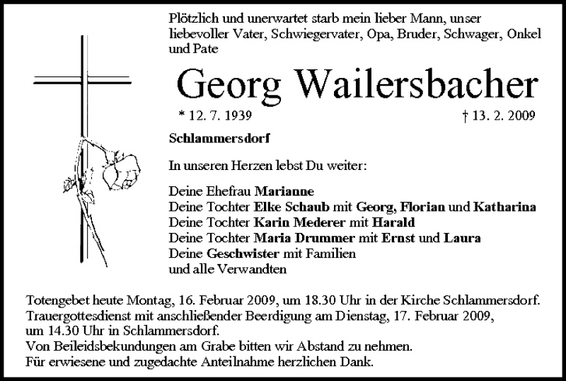  Traueranzeige für Georg Wailersbacher vom 16.02.2009 aus MGO