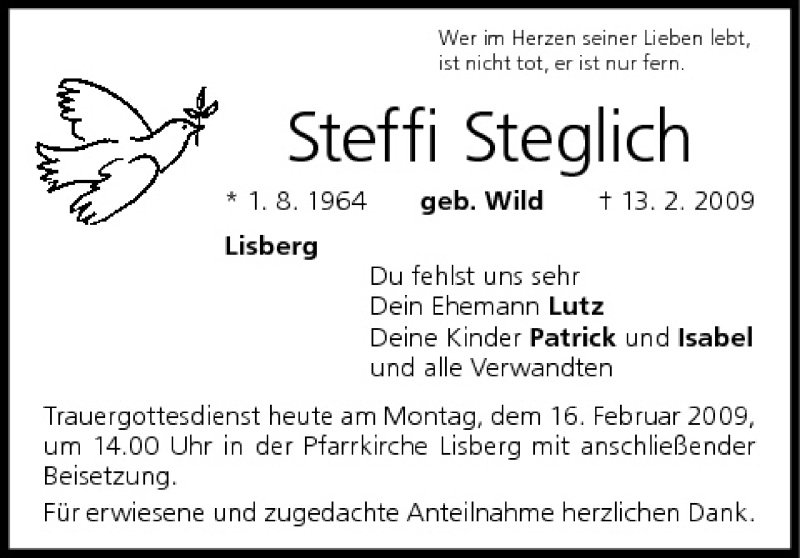  Traueranzeige für Steffi Steglich vom 16.02.2009 aus MGO