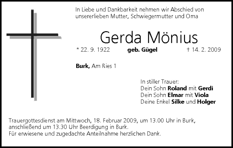  Traueranzeige für Gerda Mönius vom 17.02.2009 aus MGO