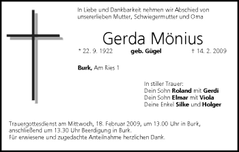 Anzeige von Gerda Mönius von MGO