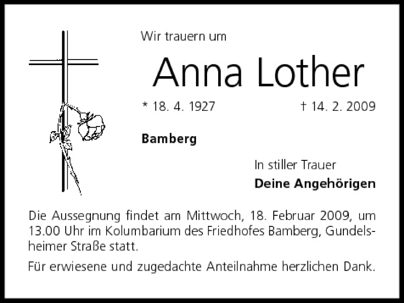  Traueranzeige für Anna Lother vom 17.02.2009 aus MGO