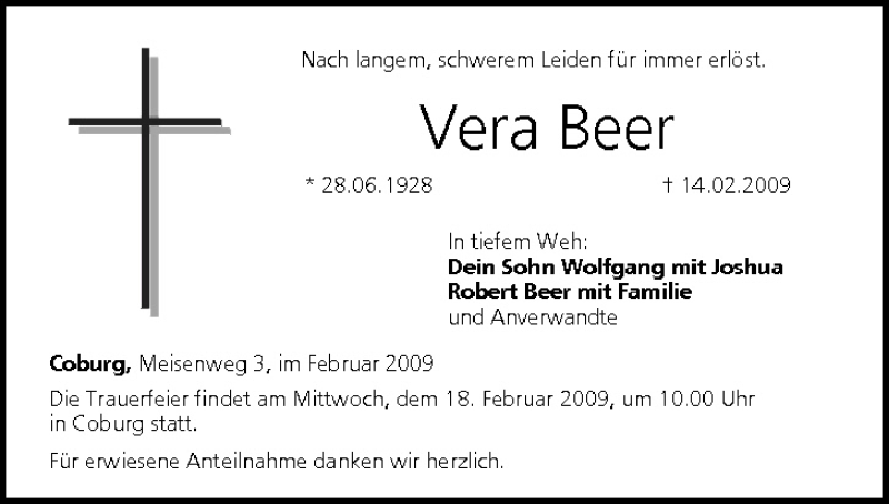  Traueranzeige für Vera Beer vom 17.02.2009 aus MGO