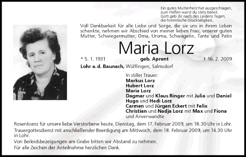  Traueranzeige für Maria Lorz vom 17.02.2009 aus MGO