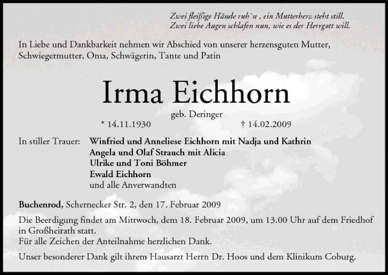  Traueranzeige für Irma Eichhorn vom 17.02.2009 aus MGO