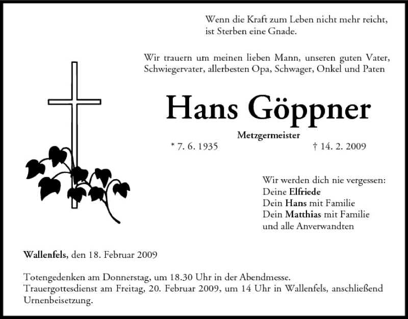  Traueranzeige für Hans Göppner vom 18.02.2009 aus MGO