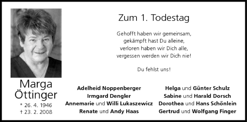  Traueranzeige für Marga Öttinger vom 23.02.2009 aus MGO