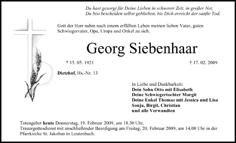  Traueranzeige für Georg Siebenhaar vom 19.02.2009 aus MGO