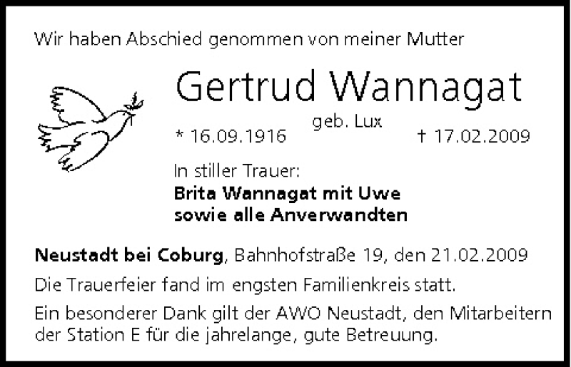  Traueranzeige für Gertrud Wannagat vom 21.02.2009 aus MGO