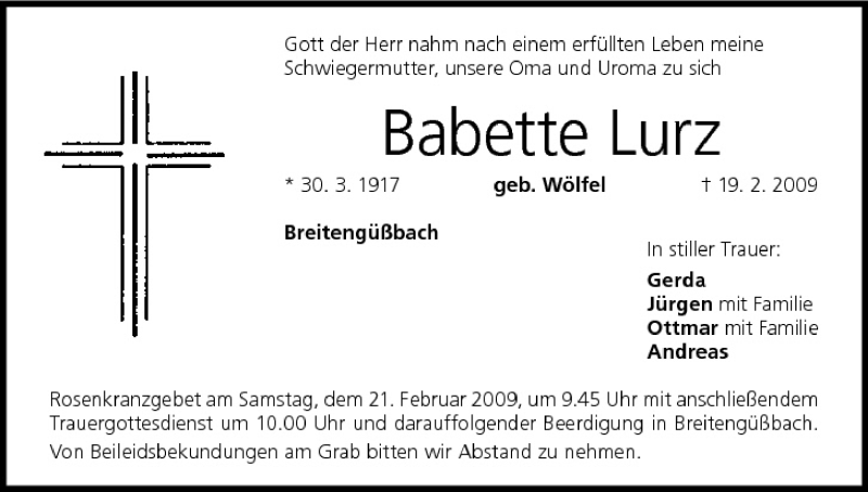  Traueranzeige für Babette Lurz vom 20.02.2009 aus MGO